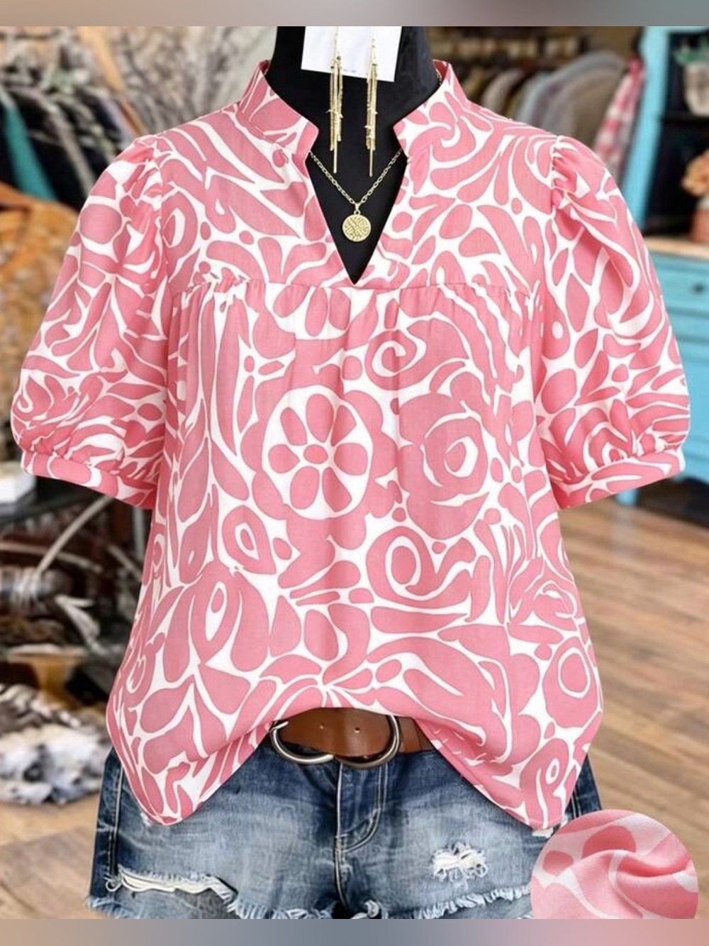 Women's Summer Boho Vintage Abstract Floral Print Puff Sleeve Blouse! Size 2XL.